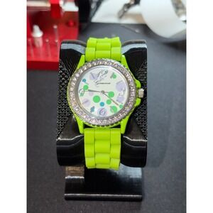 Geneva Wristwatch Women Lime Green Polka Dot Rhinestone Fashion